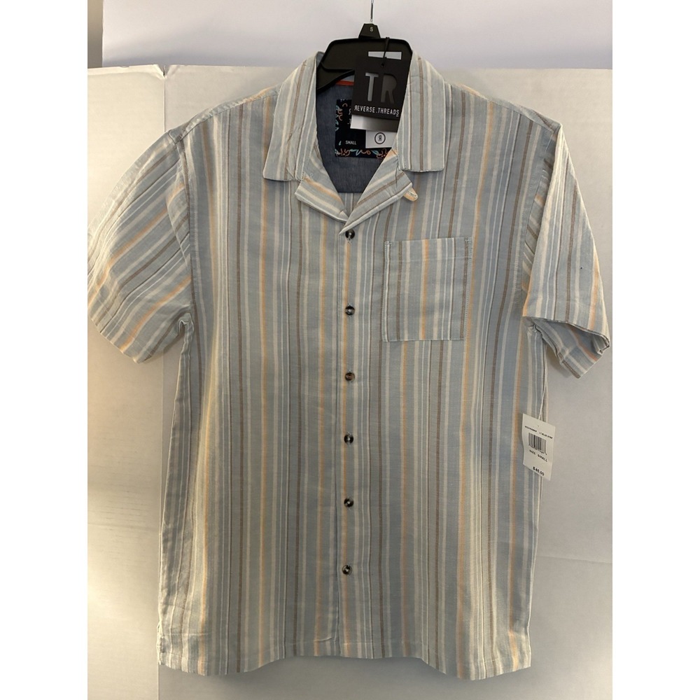 Reverse‎ Threads Tour Shirt  Mens Small NWT Light Blue Stripe Camp Cabana Cotton